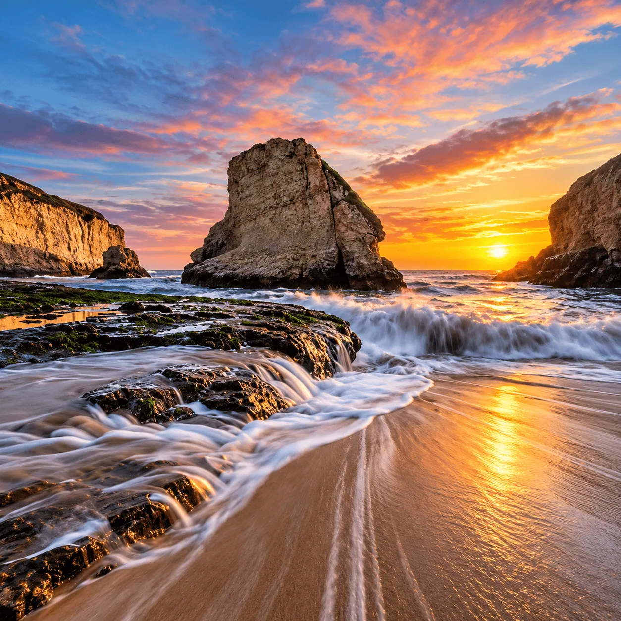 Atardecer entre rocas y oleaje sedoso